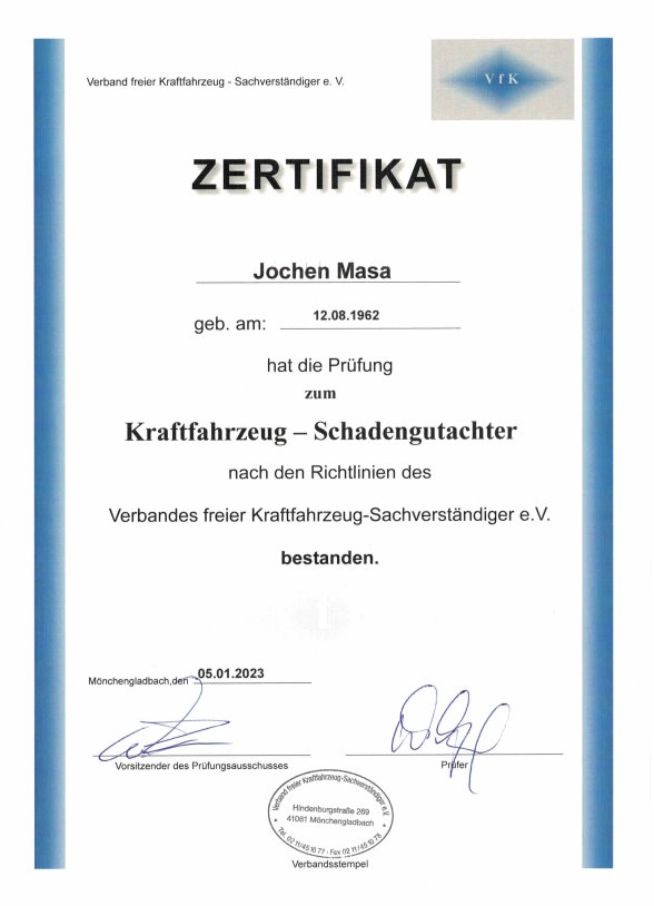 Zertifikat Kraftfahrzeug - Schadengutachter